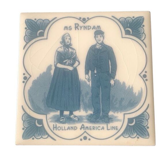 Vintage Holland America Line Delft Ms Ryndam Ceramic Tile - Picture 1 of 8